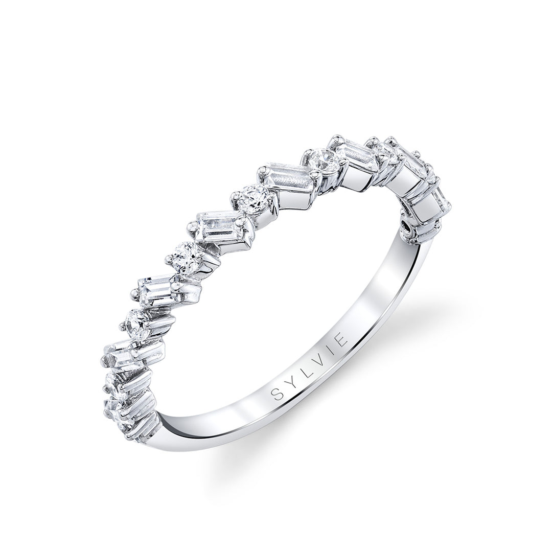 14K White Gold Round And Baguette Diamond Stack Band