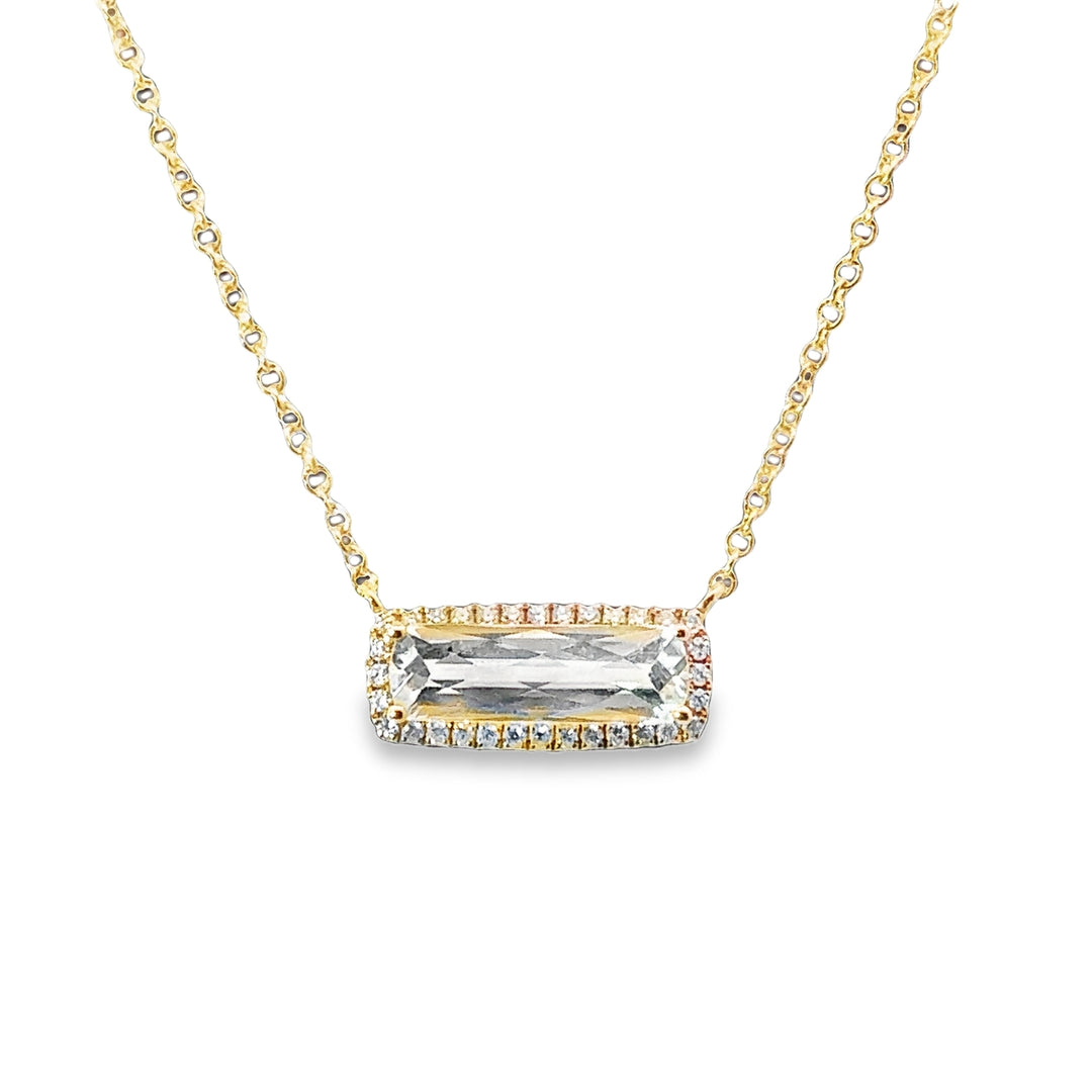 18K White Topaz Bar and Diamond Halo Necklace