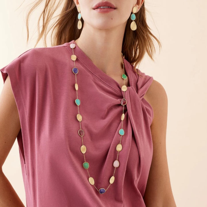 18K Yellow Gold Long Necklace with Mixed Gemstones
