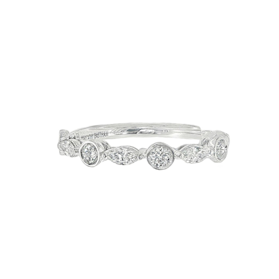 18K White Gold Airline 7 Diamond Wedding Band With Round And Marquise Diamonds - Size 6