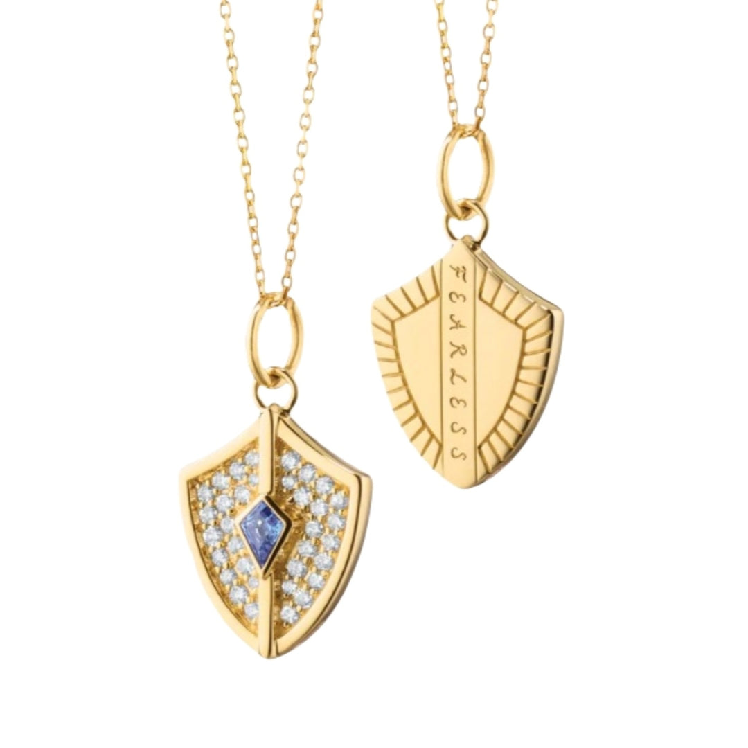 Mini "Fearless" Shield Charm With Blue Sapphire And Pave Diamonds On A 17" Chain