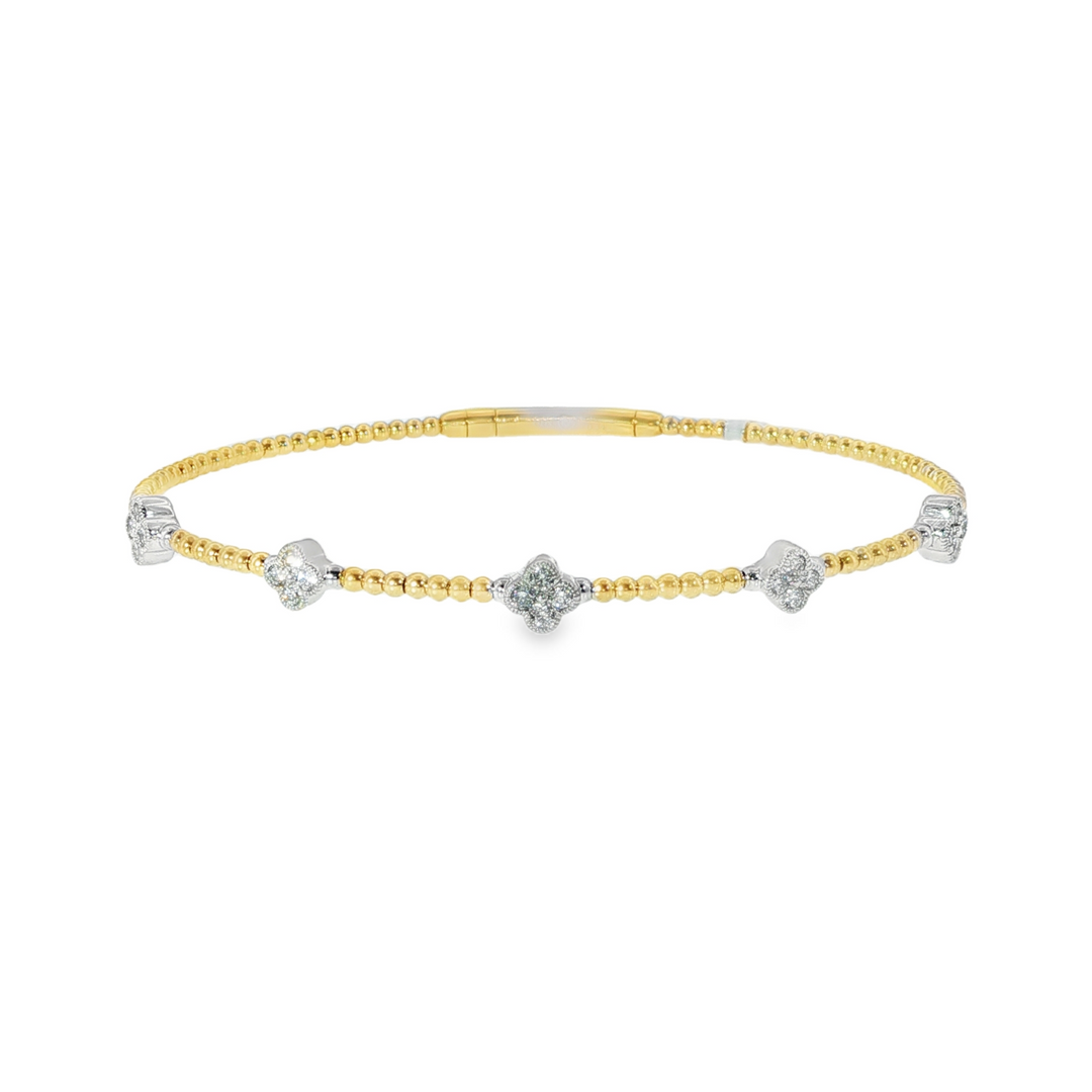 Yellow Gold Flexible Bead Bracelet With Diamond Floral Cluster Stations Set In White Gold