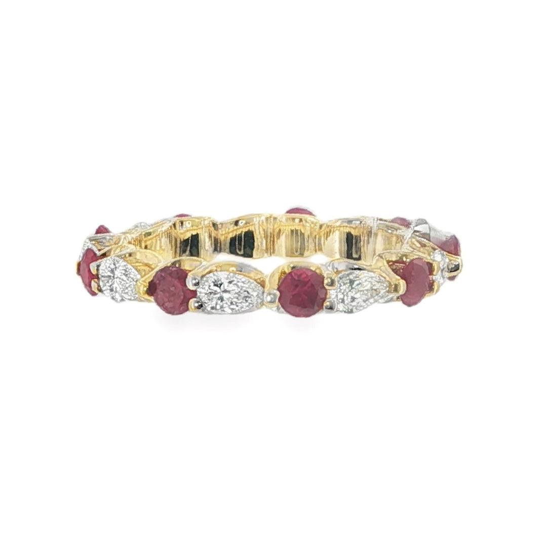 Yellow Gold Band Featuring Alternating Rubies and Pear Shaped Diamonds - Size 7.75