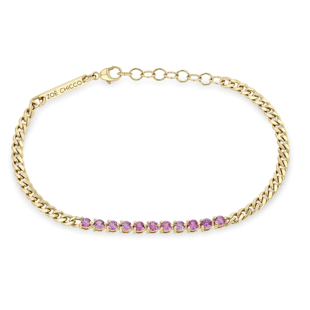 Pink Sapphire Tennis Segment Small Curb Chain Bracelet