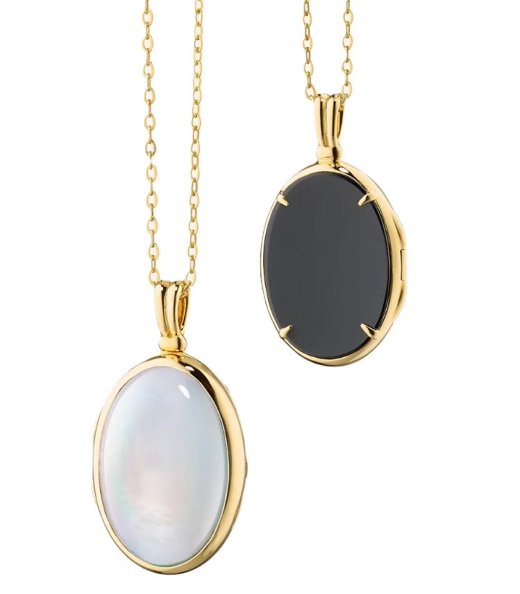 "Amelia" Oval Locket Necklace With Mother Of Pearl And Black Onyx - 17"