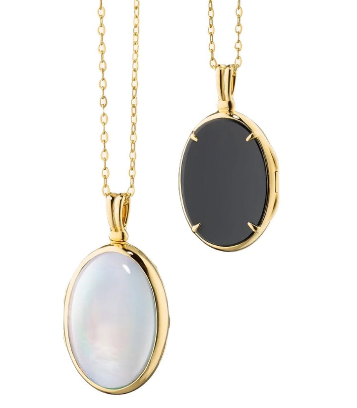 "Amelia" Oval Locket Necklace With Mother Of Pearl And Black Onyx - 17"