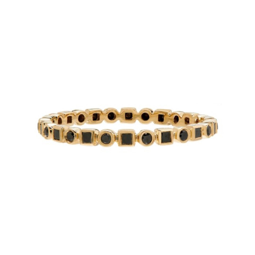 18K Yellow Gold "Kate" Black Diamond Band With Round And Princess Cut Diamonds - Size 6.5