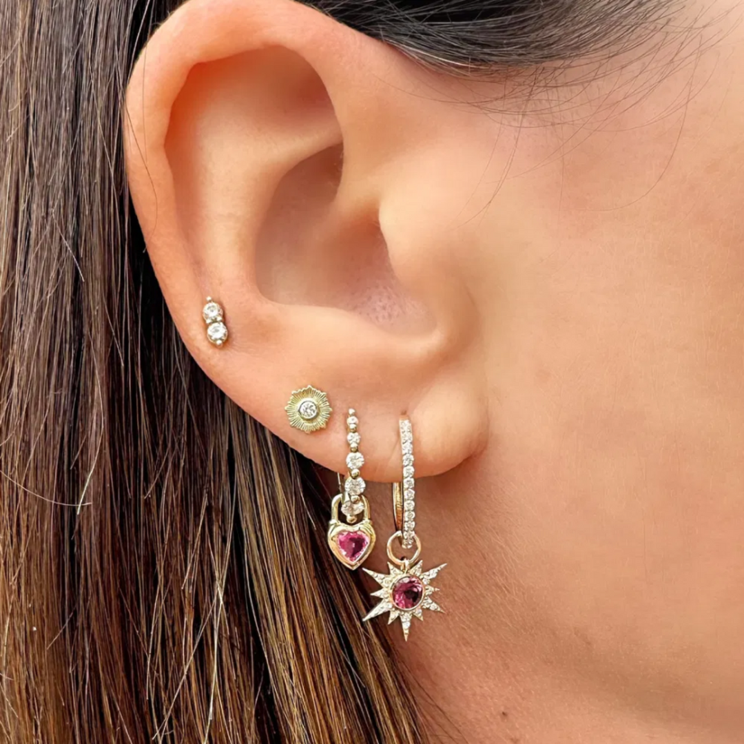 14K Gold Single Beating Heart Pink Sapphire Charm