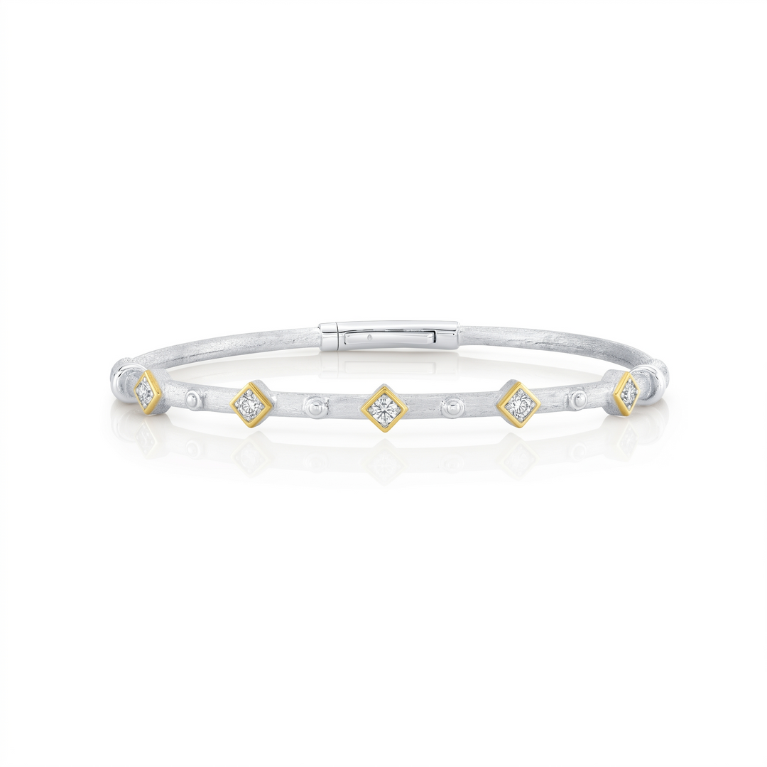 Sterling Silver Bolt Bracelet With Gold Bezel Set Pave Diamond Stations - 6.5"