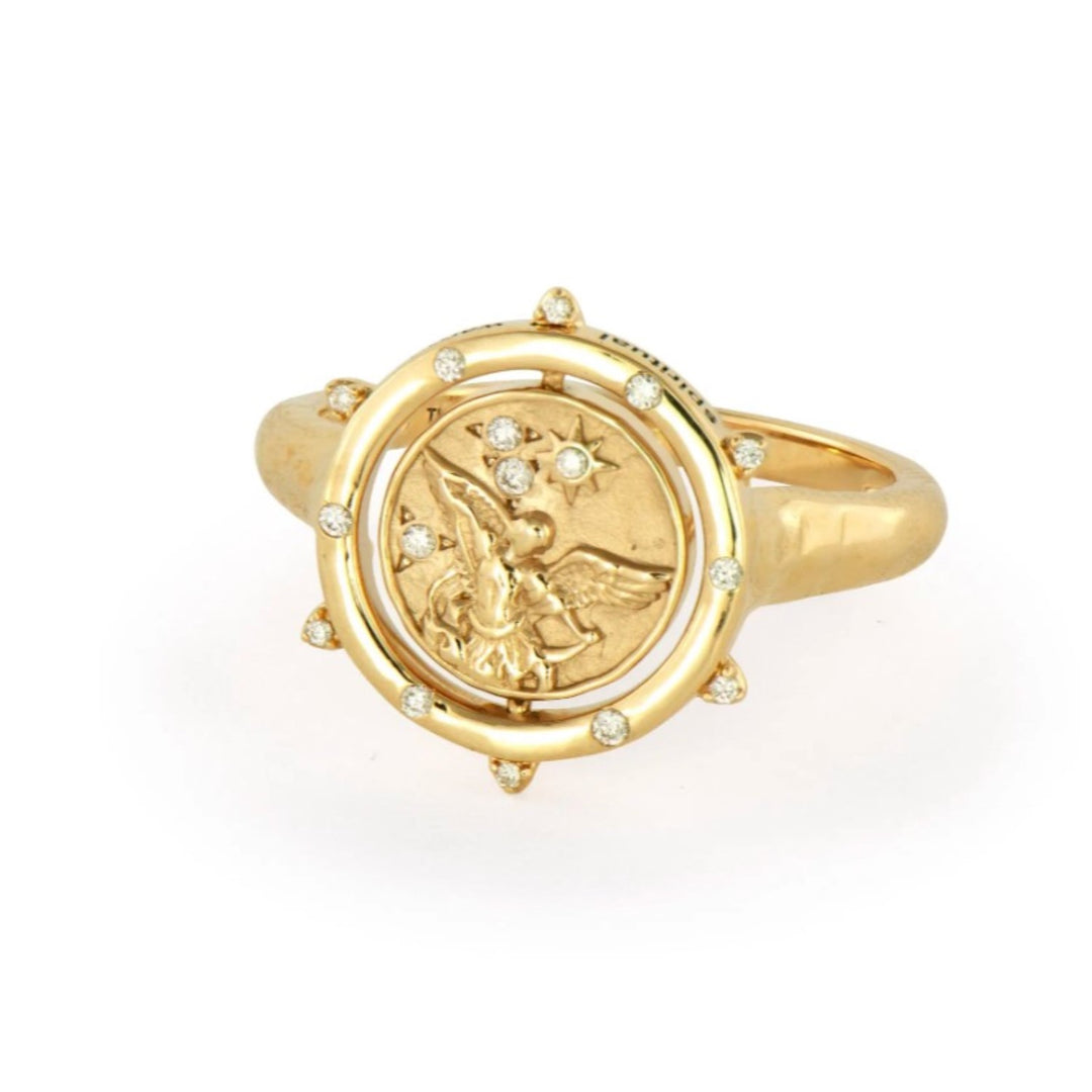 Gold Cross And Archangel Michael Double Sided Flip Ring - Size 6.5