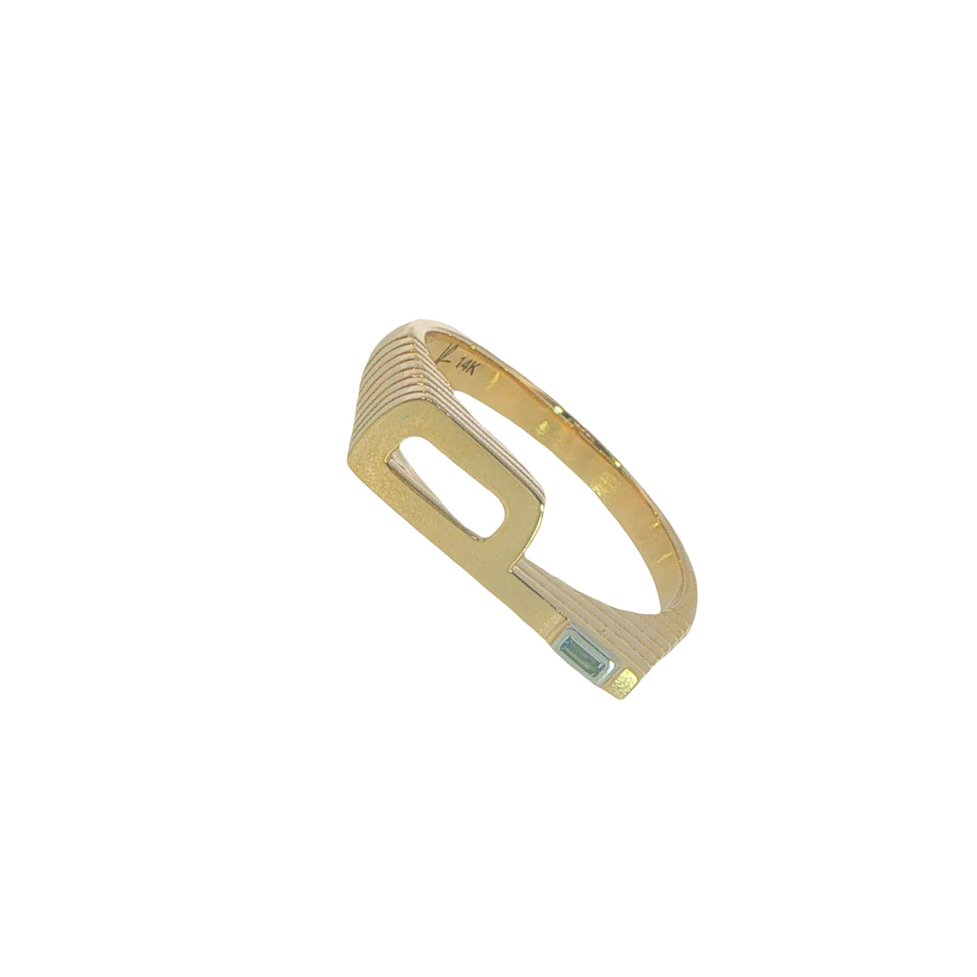 Ribbed "P" Initial Ring With Single Baguette Diamond - Size 8.5