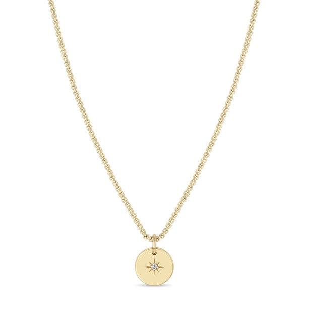 14K Yellow Gold Box Chain Necklace With Gold Disc And A Star Set Diamond In The Center - 18"