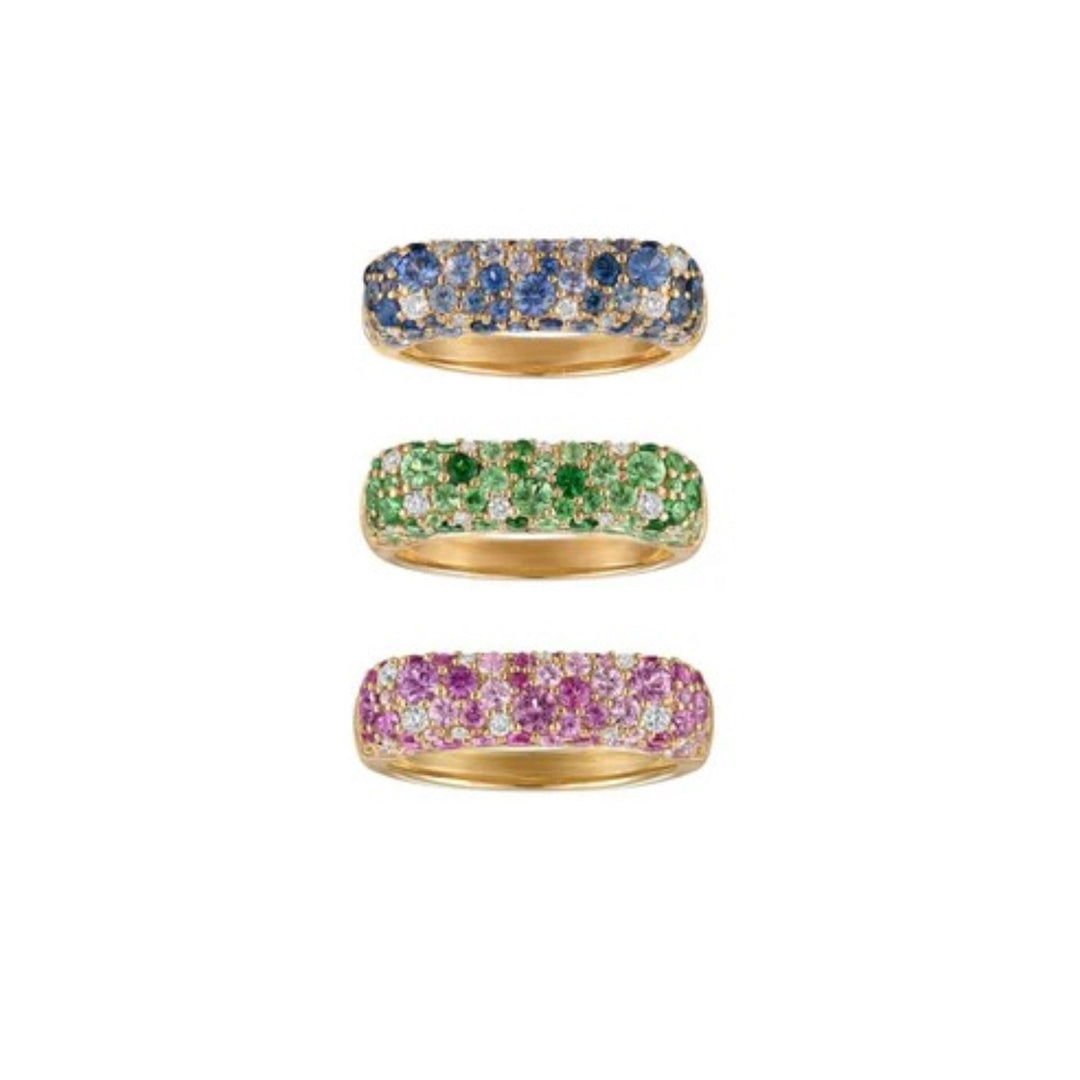 14K Yellow Gold Sparkle Stack Ring With Ombre Green Sapphires