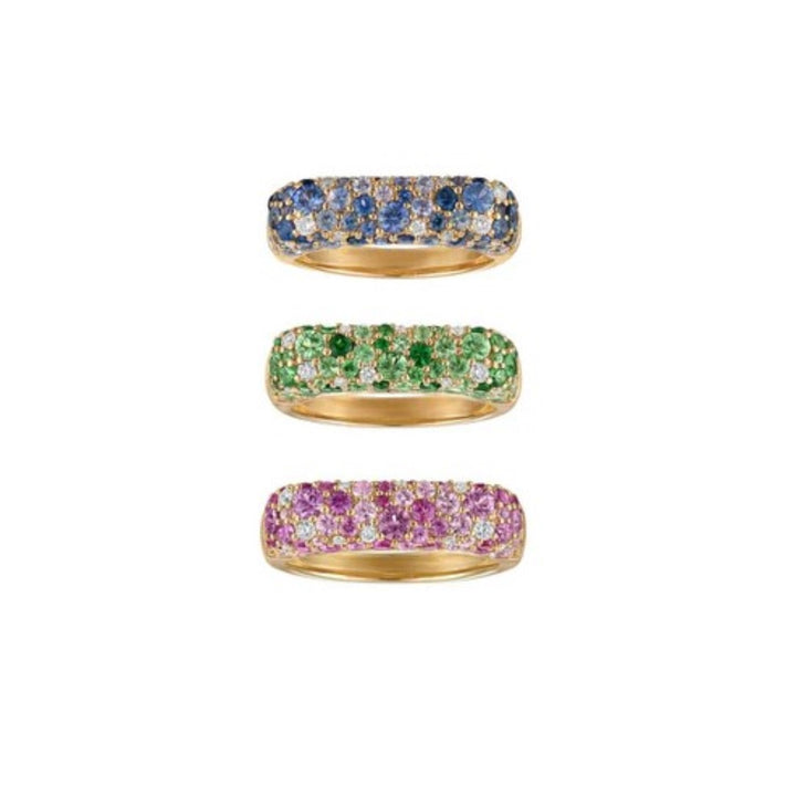 14K Yellow Gold Sparkle Stack Ring With Ombre Green Sapphires