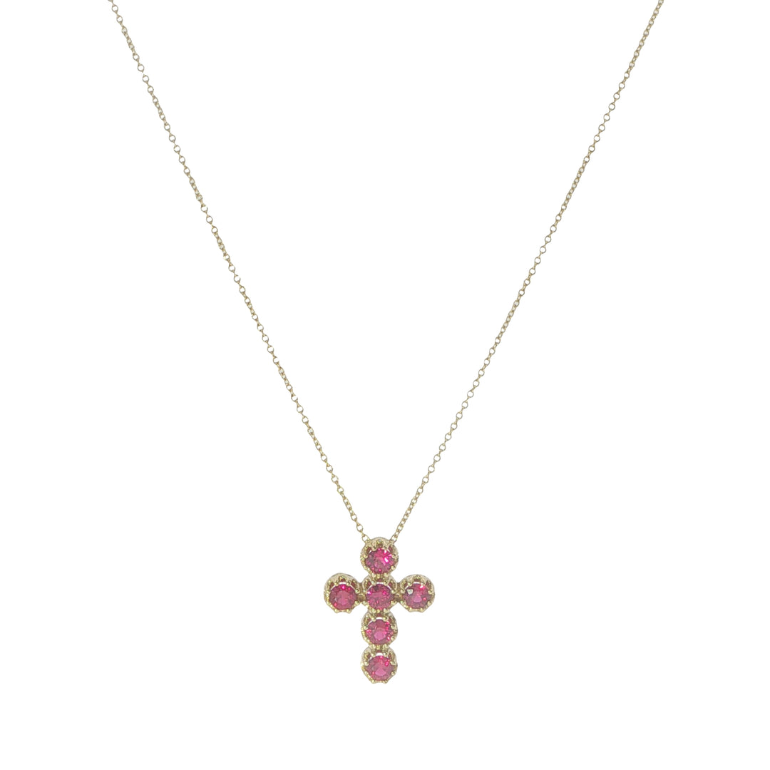 18K Yellow Gold Ruby Cross Pendant Necklace - 17"