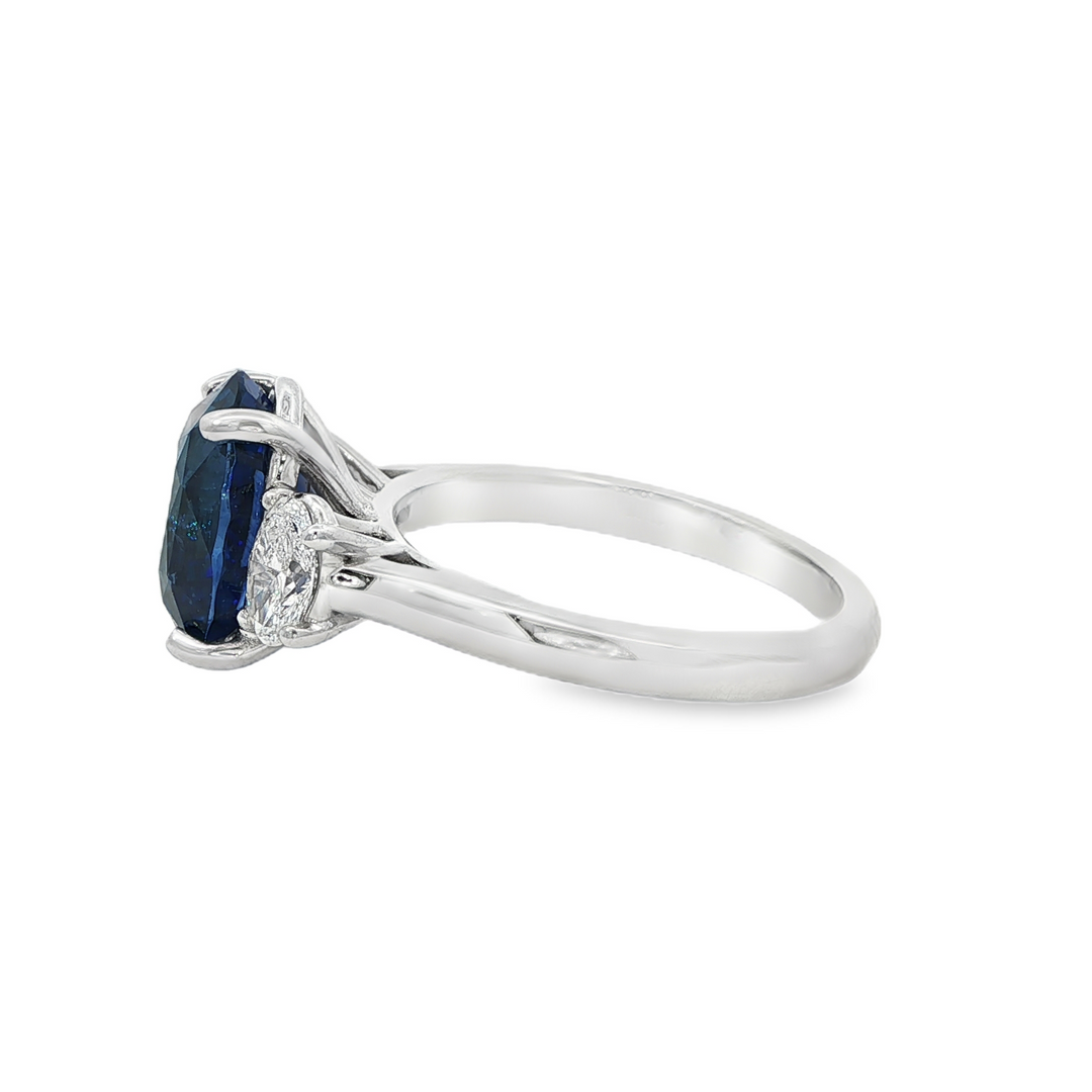 18K White Gold Ring With GIA Certified Oval Blue Sapphire And GIA Oval Diamonds