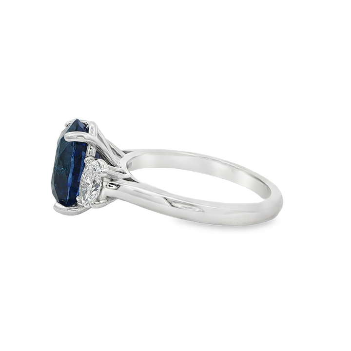 18K White Gold Ring With GIA Certified Oval Blue Sapphire And GIA Oval Diamonds