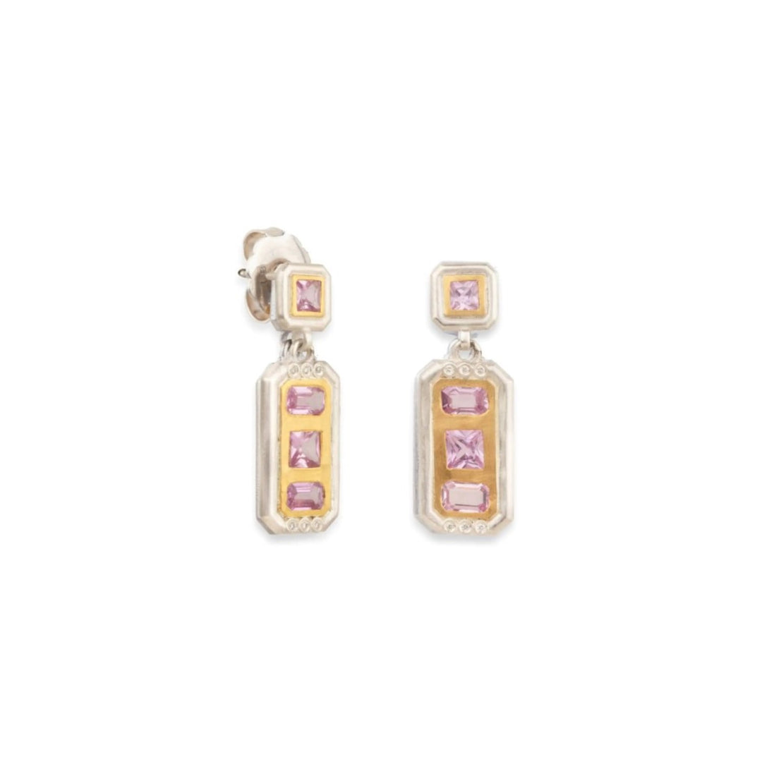 24K Yellow Gold And Sterling Silver "Deco" Drop Earrings With Pink Sapphires And Diamonds