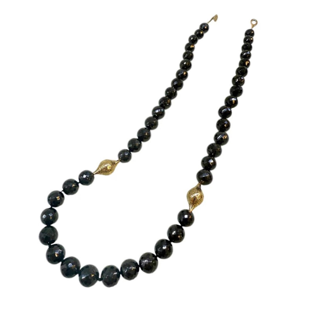 Black Faceted Spinel Beaded Necklace With Two Gold Crownwork Finials - 19.5"