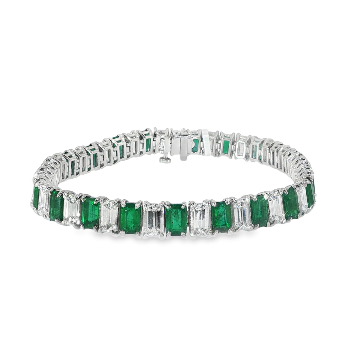Platinum Emerald Cut Emerald and Diamond Tennis Bracelet - 7"