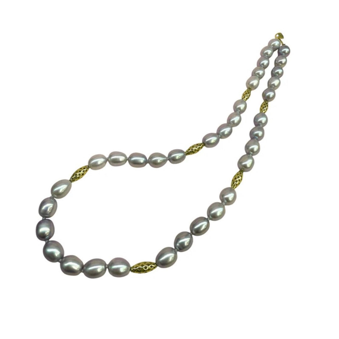 Platinum Grey Freshwater Pearl Necklace With Gold Crownwork Barrel Beads