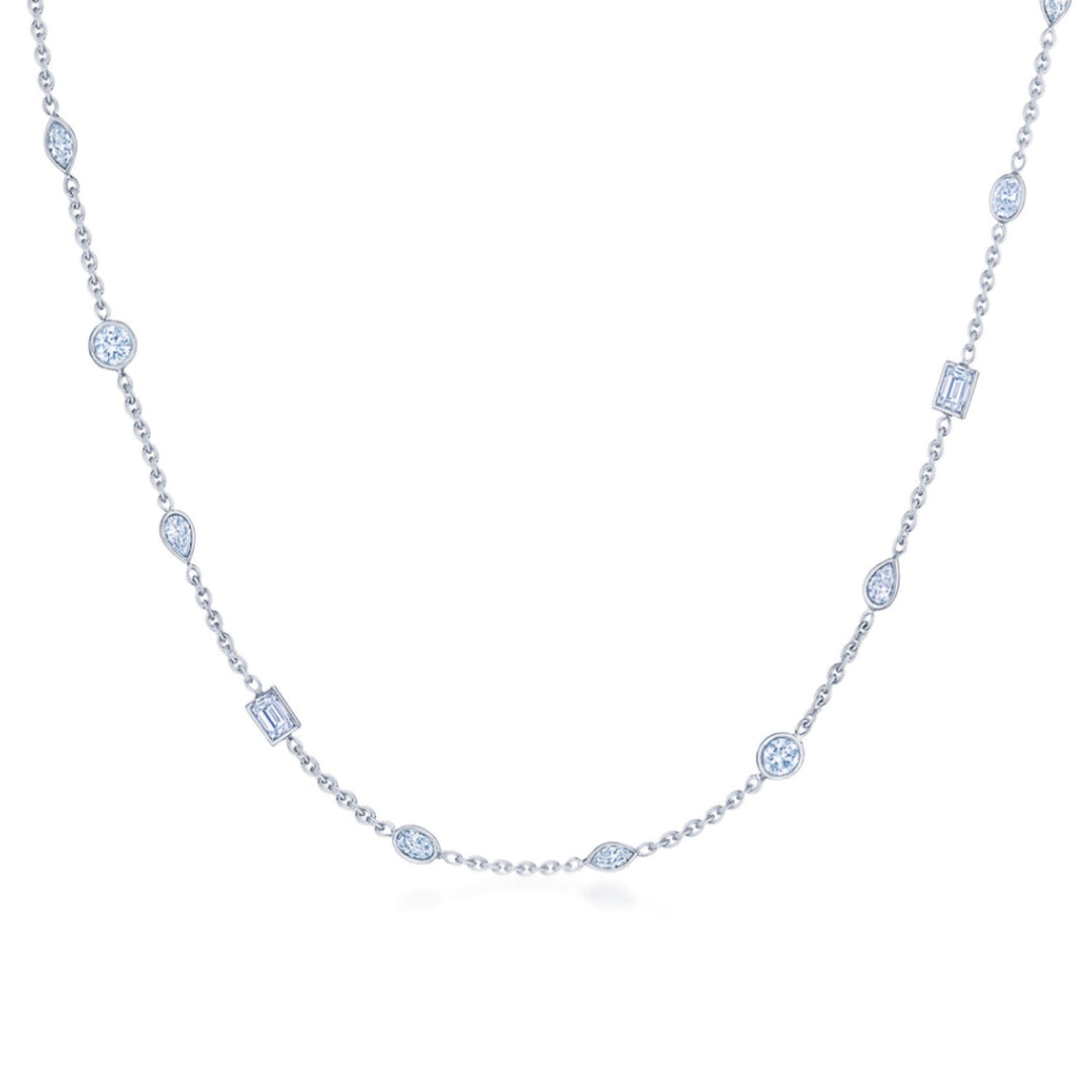 18K White Gold Mixed Shape Diamond Station Necklace - 18"