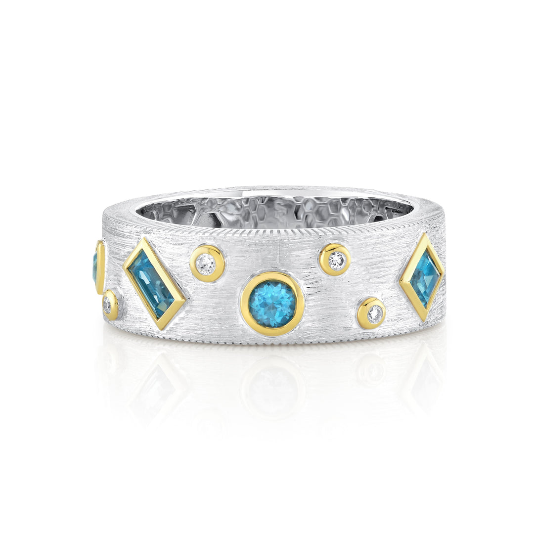 Silver Band With Gold Bezel Set Mixed Shape Swiss Blue Topaz And Diamond Details - Size 7