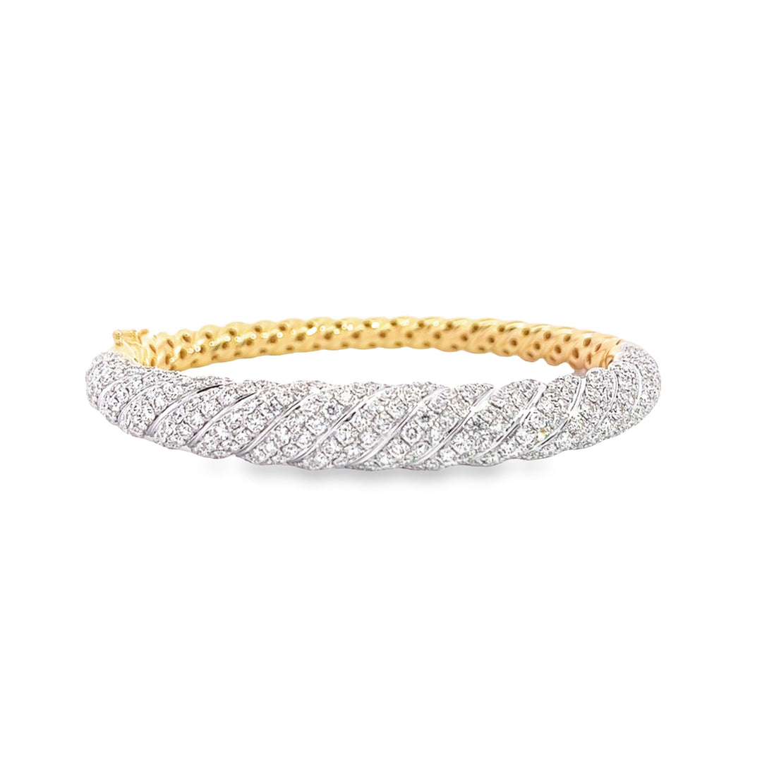 Yellow Gold Bangle With Twisted Metal and Pave White Diamonds