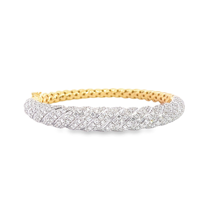 Yellow Gold Bangle With Twisted Metal and Pave White Diamonds