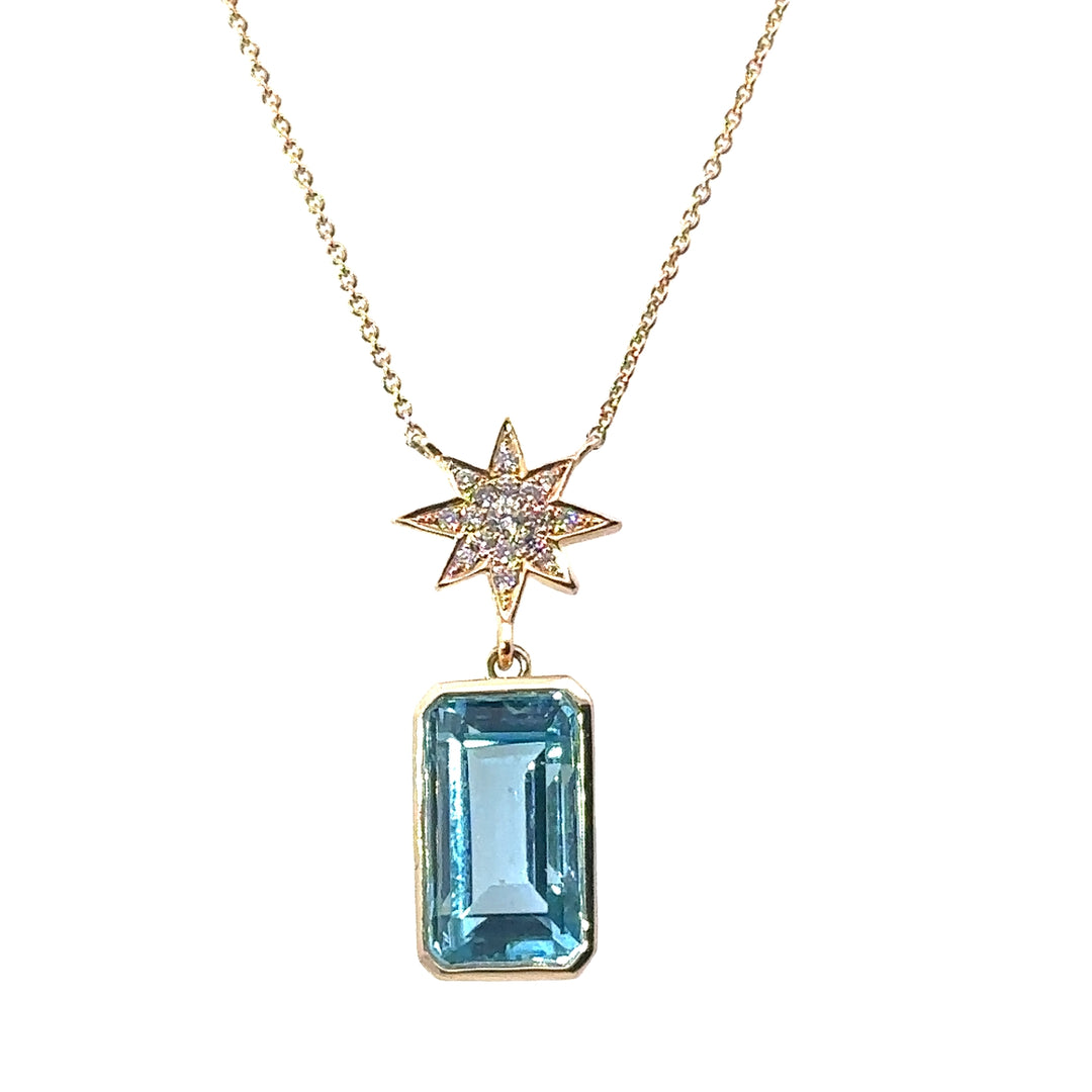 18K Diamond Starburst Drop Necklace with Rectangular Cut Blue Topaz