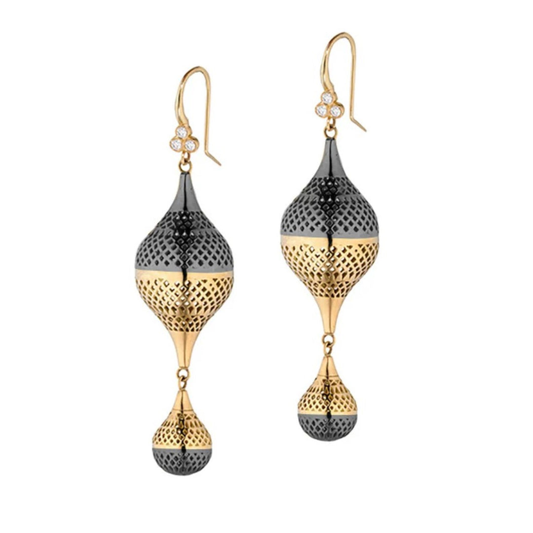 Yellow Gold And Oxidized Silver Crownwork Finial Earrings With Amphora Drops And Diamonds
