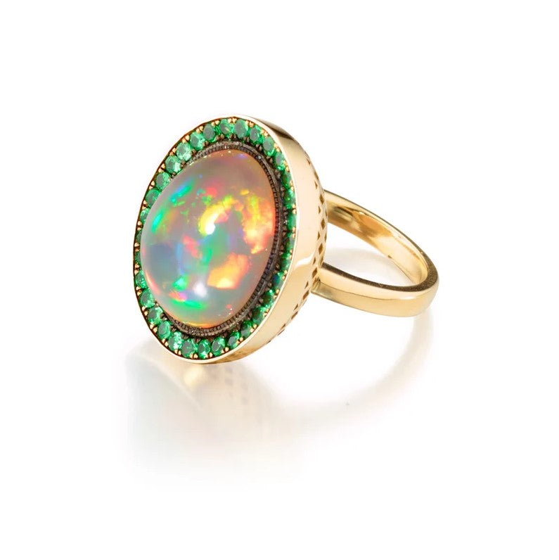 Oval North South Crownwork Ring With Bezel Set Cabochon Opal And A Tsavorite Halo - Size 7