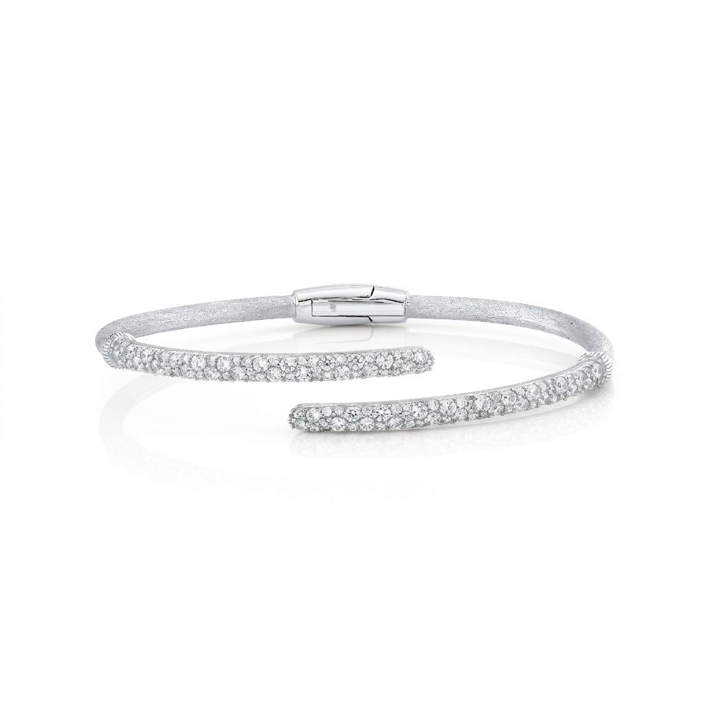 Sterling Silver Stretch Bypass Bracelet With Pave White Topaz - 6.5"