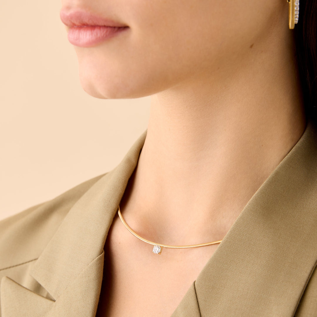 18K Yellow Gold Coil Necklace With Cushion Cut Diamond Station - 16"