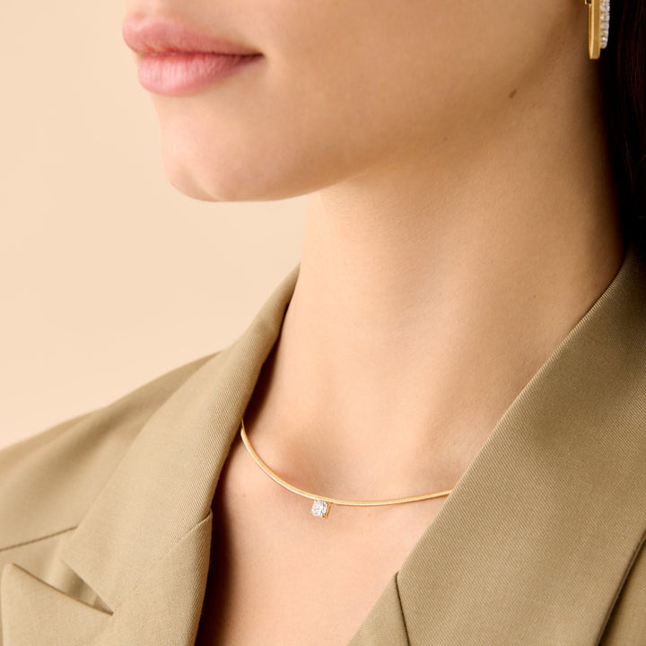 18K Yellow Gold Coil Necklace With Cushion Cut Diamond Station - 16"