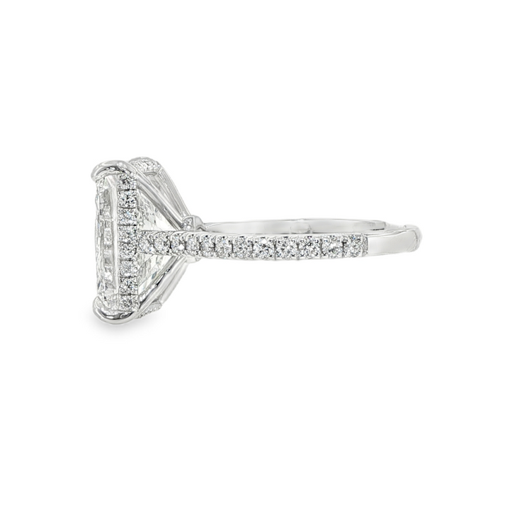 Platinum Radiant Cut Enagement Ring With Pave Diamond Shank And Hidden Diamond Halo - Size 5.5