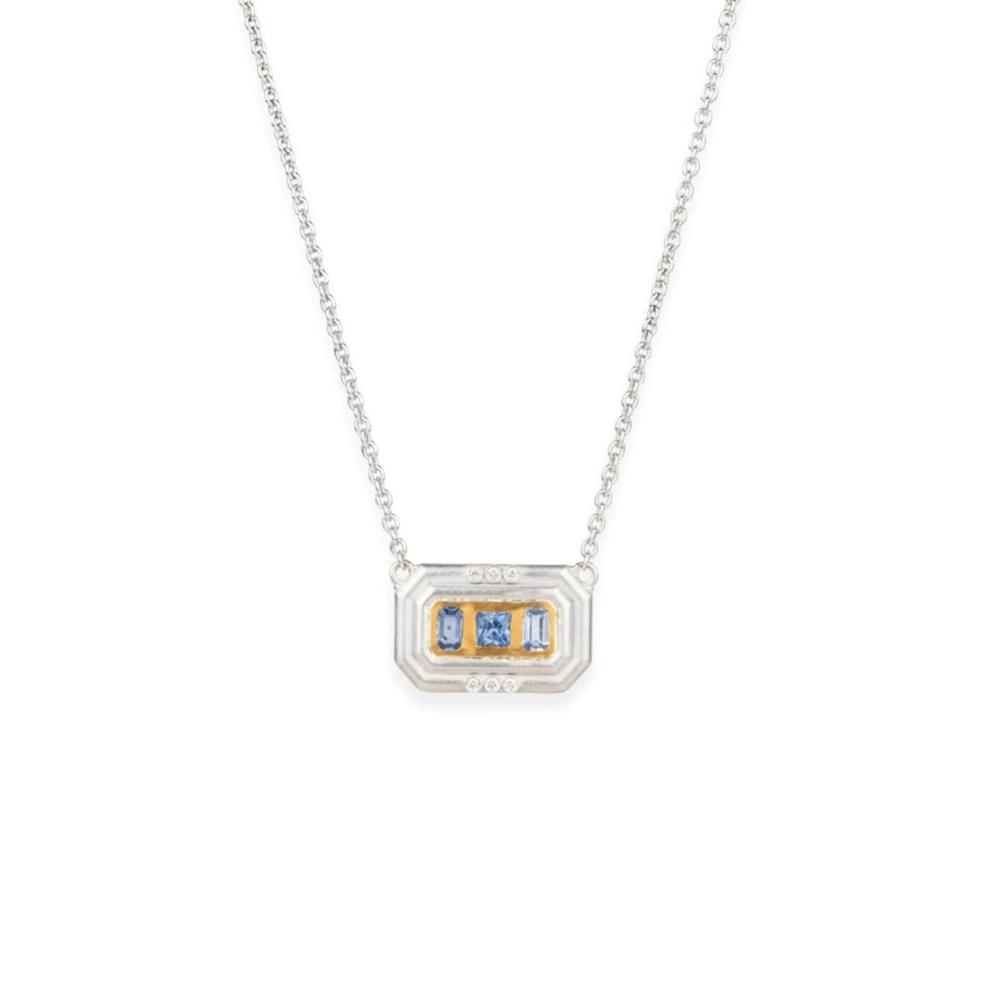 24K Gold And Sterling Silver "Deco" Necklace With Blue Sapphires And Diamonds - 18"