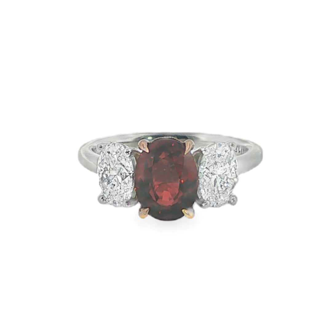 Platinum Three Stone Ring With Oval Diamond Side Stones And A Center Oval Ruby - Size 6.25