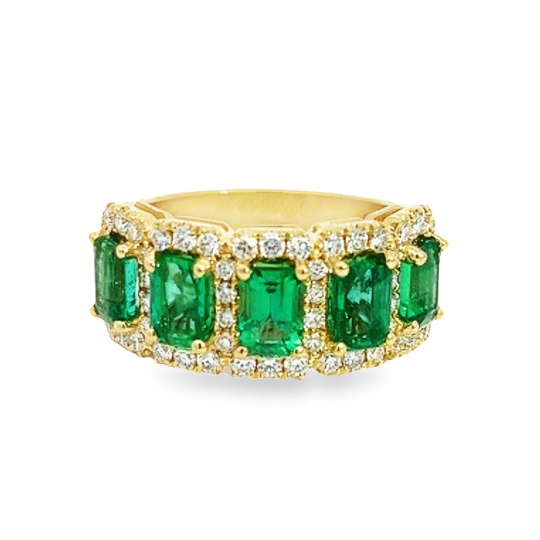 Yellow Gold Ring With 5 Emerald Cut Emeralds and Diamond Halos - Size 7