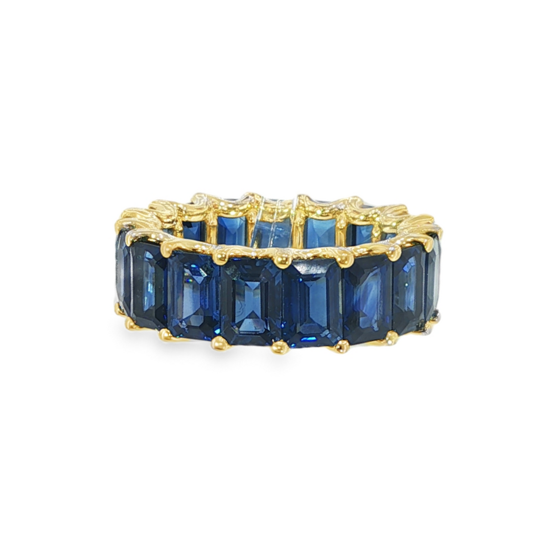14K Yellow Gold Eternity Ring With Emerald Cut Blue Sapphires - Size 6