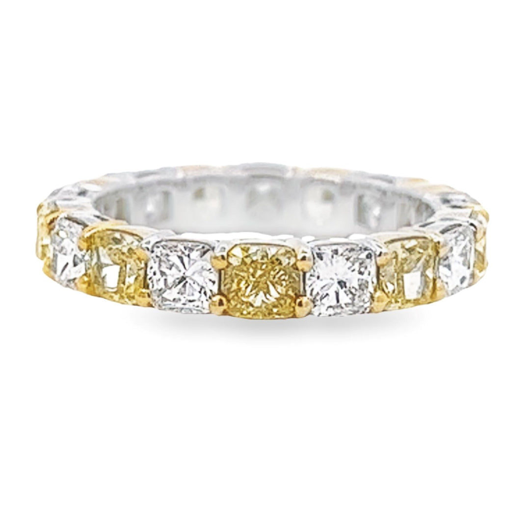Yellow and White Gold Eternity Band With Alternating Yellow and White Cushion Cut Diamonds - Size 6