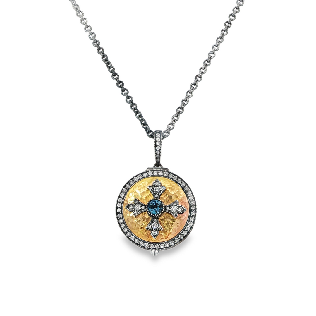 Hammered Locket With Aqua And Diamond Cross - 18"