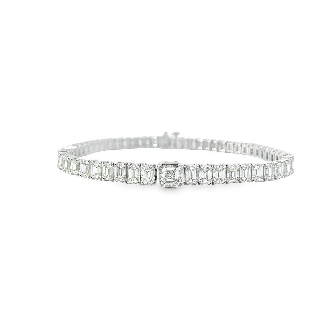 18K White Gold Emerald Cut Diamond Tennis Bracelet With Asscher Cut Center Stone Weighing 13.57cts