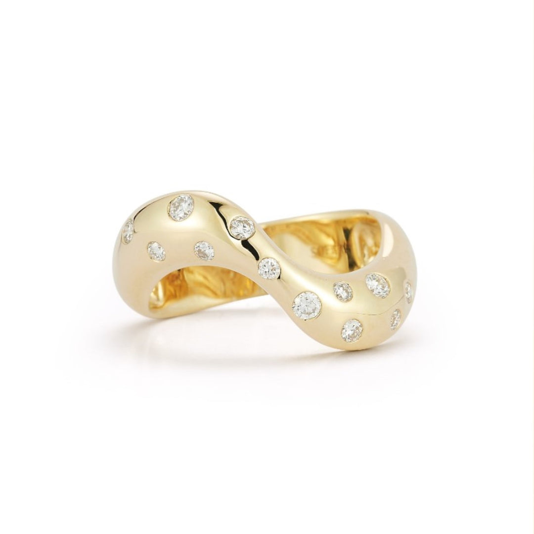 14K Yellow Gold Double Wave Ring With Scattered Diamonds