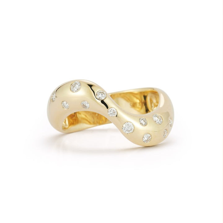 14K Yellow Gold Double Wave Ring With Scattered Diamonds