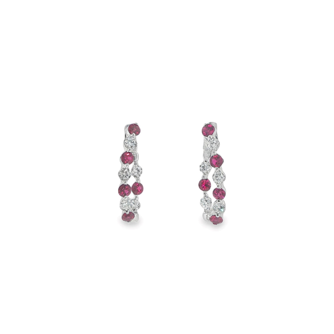 18K White Gold Single Shared Prong Set Diamond And Ruby Hoops