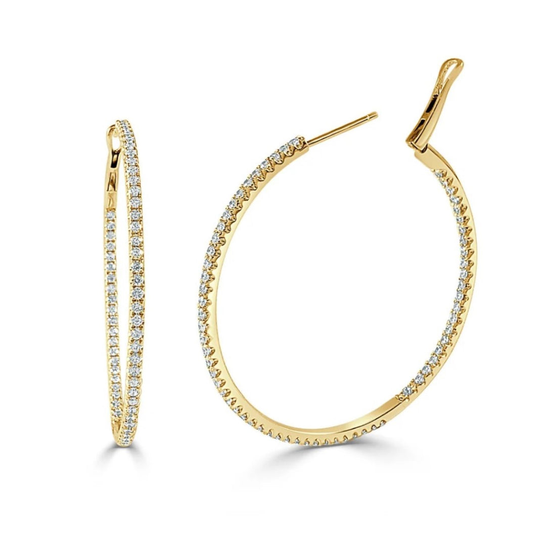 14K Yellow Gold And Diamond Inside Out Hoops Weighing 2.08cts