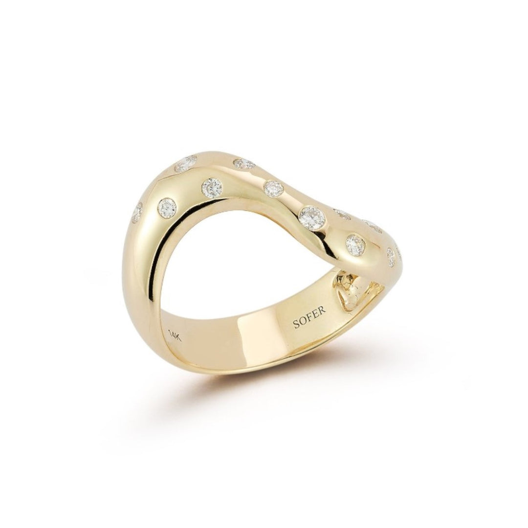 14K Yellow Gold Double Wave Ring With Scattered Diamonds