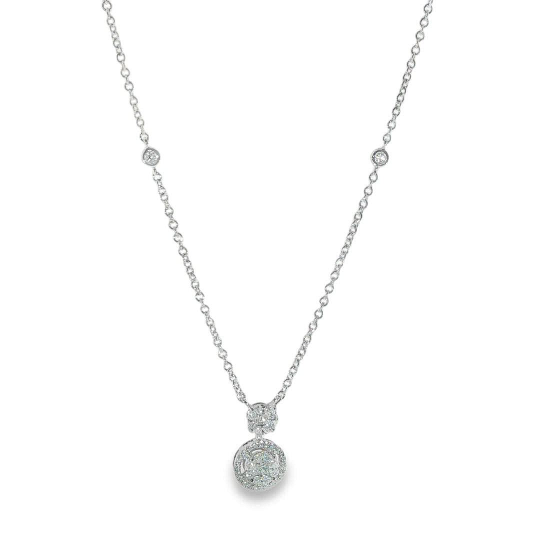 18K White Gold Diamond Cluster Drop Pendant Necklace - 15"