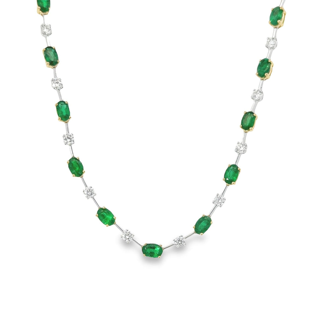 Two Tone Gold Tennis Necklace With Alternating Round Diamonds and Oval Emeralds - 16"